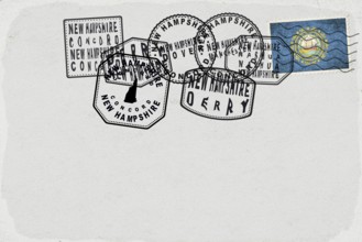 New Hampshire Vintage Postcard with Flag Stamp and City Postmarks