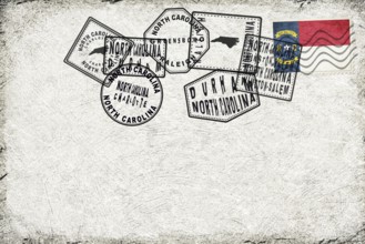 North Carolina Vintage Postcard with Flag Stamp and City Postmarks