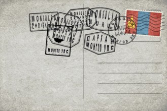 Mongolia Vintage Postcard with Flag Stamp and City Postmarks