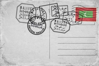 Maldives Vintage Postcard with Flag Stamp and City Postmarks