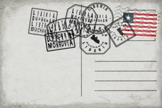 Liberia Vintage Postcard with Flag Stamp and City Postmarks