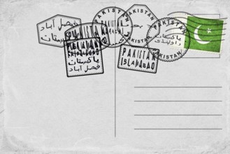 Pakistan Vintage Postcard with Flag Stamp and City Postmarks