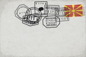 North Macedonia Vintage Postcard with Flag Stamp and City Postmarks