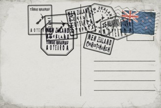 New Zealand Vintage Postcard with Flag Stamp and City Postmarks