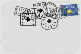 Kosovo Vintage Postcard with Flag Stamp and City Postmarks