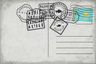 Kazakhstan Vintage Postcard with Flag Stamp and City Postmarks