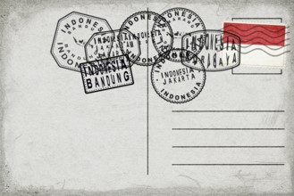 Indonesia Vintage Postcard with Flag Stamp and City Postmarks