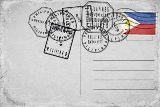 Philippines Vintage Postcard with Flag Stamp and City Postmarks