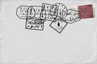 Qatar Vintage Postcard with Flag Stamp and City Postmarks