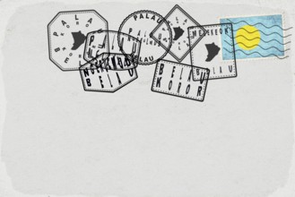 Palau Vintage Postcard with Flag Stamp and City Postmarks