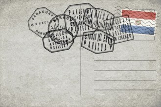 Paraguay Vintage Postcard with Flag Stamp and City Postmarks