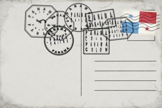 Panama Vintage Postcard with Flag Stamp and City Postmarks