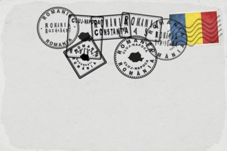 Romania Vintage Postcard with Flag Stamp and City Postmarks
