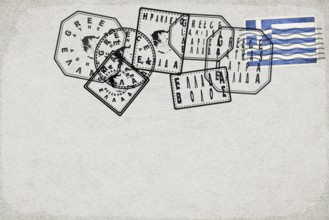 Greece Vintage Postcard with Flag Stamp and City Postmarks