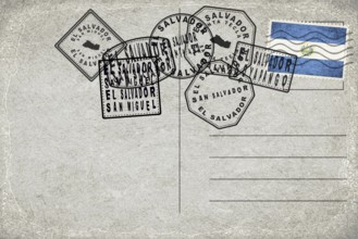 El Salvador Vintage Postcard with Flag Stamp and City Postmarks