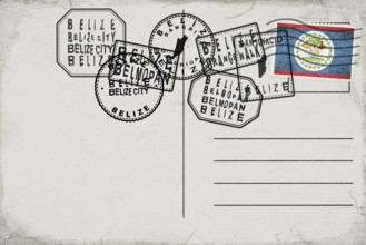 Belize Vintage Postcard with Flag Stamp and City Postmarks