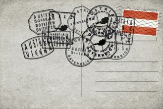 Austria Vintage Postcard with Flag Stamp and City Postmarks