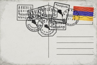 Armenia Vintage Postcard with Flag Stamp and City Postmarks