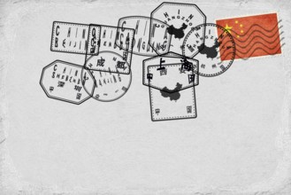 China Vintage Postcard with Flag Stamp and City Postmarks