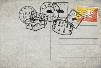 Bhutan Vintage Postcard with Flag Stamp and City Postmarks