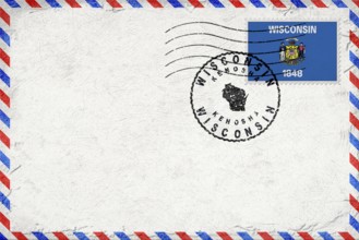 Wisconsin Kenosha Vintage Air Mail Envelope with Flag and Postmark