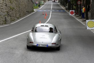 No. 279, Mercedes-Benz 300 SL W 198, model year 1954, silver classic car on a road with cones in a