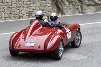 No. 293, Bianchi Panhard 750 Sport Colli, built in 1954, two people with helmets driving a red