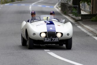 No. 287, Arnolt Bristol Bolide, built in 1954, A white vintage convertible with a blue stripe is