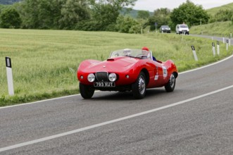 A sporty red classic car drives on an idyllic country road in a green landscape, classic car, car