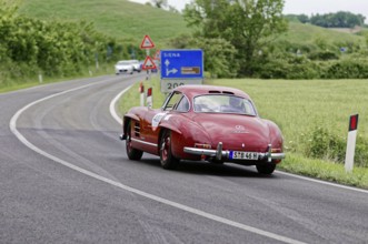 Rear view of a red Mercedes classic car driving on a winding road in a rural setting, classic car,