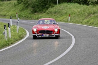 A red Mercedes classic car drives elegantly through a winding country road, classic car, car race,