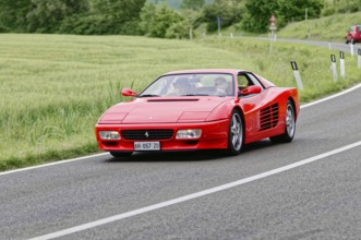 Red Ferrari on a rural road during a race, classic car, car race, Mille Miglia, 1000 Miglia, 2015,