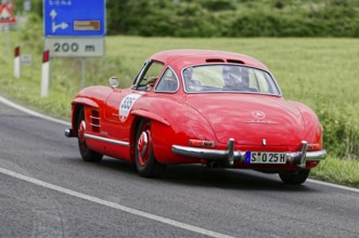 A red Mercedes classic car is seen from behind on a country road, classic car, car race, Mille