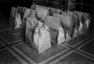 BIH, Bosnia, Tuzla, 02.10.2005, paper bags with bones from victims in ICMP