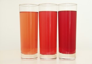 Three glasses of red and transparent liquid on white background, São Paulo, Brazil