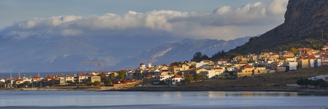Coastal town at dusk with mountains and cloudy sky, Monemvasia, Monemvassia, Malvasy, Byzantine