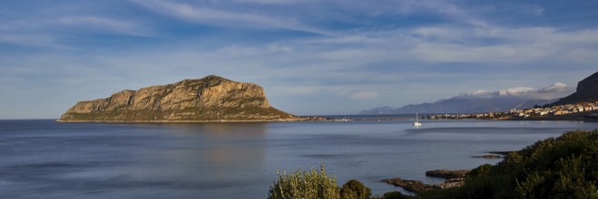 View of a large island in the sea under a clear blue sky, Monemvasia, Monemvassia, Malvasy,