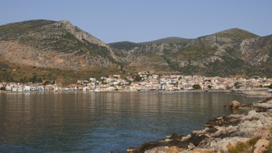 Small coastal town on a quiet sea, surrounded by mountains, Monemvasia, Monemvassia, Malvasy,