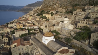 Drone view, Holy Church of the Virgin Mary Myrtidiotissa (or Critikias), aerial view of a village
