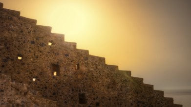 Abstract scene with stone stairs and warm sunset light, Monemvassia, Malvasy, Byzantine small town,