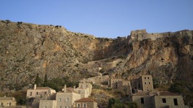 Drone shot, rocky landscape with old ruins and medieval architecture, Monemvasia, Monemvassia,
