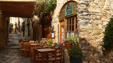 Picturesque restaurant with rustic charm and vibrant plants, Monemvassia, Malvasy, Byzantine small
