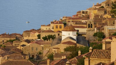 Soft morning light, Holy Church of the Virgin Mary Myrtidiotissa (or Critikias), church tower and
