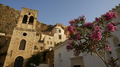 Soft morning light, Holy Church of Christ in Chains, Elkomenos Christos, Blooming oleanders in