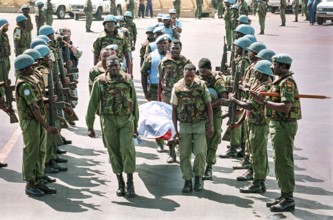 RWA Rwanda Kigali Ghanaian soldiers from the United Nations peacekeeping force UNAMIR carry a