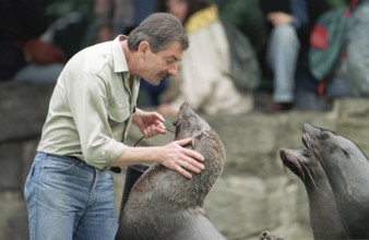 DEU, Frankfurt, 14.09.1994 -- Feeding seals in Frankfurt Zoo. (animal park, zookeeper) -- Â©