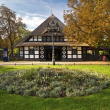 Entrance to Dahlem-Dorf subway station, thatched half-timbered house in the style of a North German