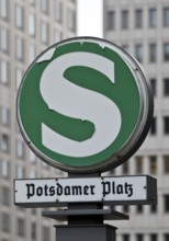 Old S-Bahn sign on Potsdamer Platz in front of modern skyscrapers, Berlin, Germany
