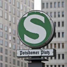 Old S-Bahn sign on Potsdamer Platz in front of modern skyscrapers, Berlin, Germany