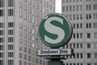 Old S-Bahn sign on Potsdamer Platz in front of modern skyscrapers, Berlin, Germany